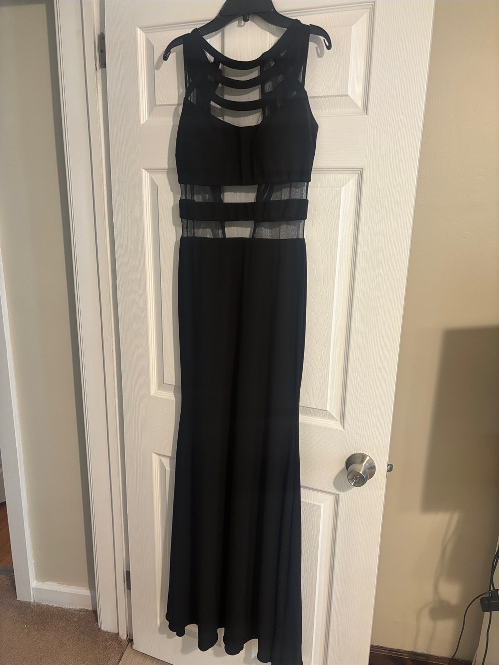 Betsy & Adam Black Mesh Cutout Prom Gown